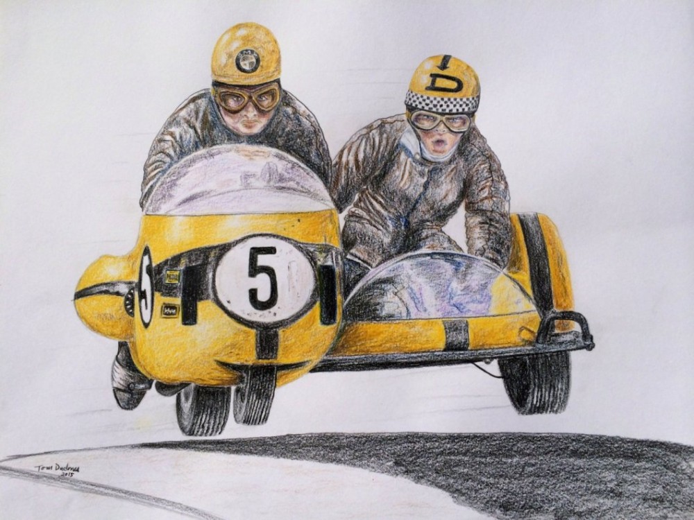 Dane Rowe and Bill Copson, Isle of Man. 1969 TT. 14x17, color pencil, 2015