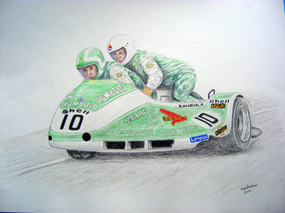 Malcolm White &amp; Phil Love - British GP Sidecars 10 August 1980, Silverstone. 14x17, color pencil, 2015.