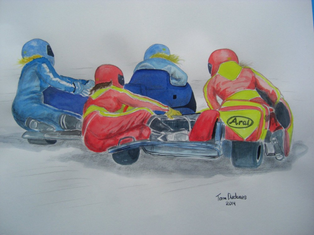 Fast Girls - Women in Sidecar Race. 14x17, watercolor, 2014.